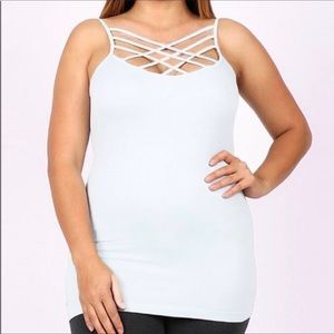 BOUTIQUE ITEM- CAGED TRIPLE CROSS TANK TOP IN WHITE SEAMLESS, LONG